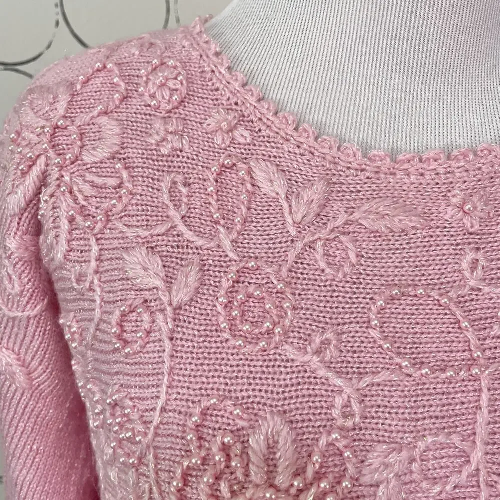 VTG Jaclyn Smith Womens Knit Sweater M Pastel Pink Beaded Coquette Floral Dainty - Picture 6 of 16